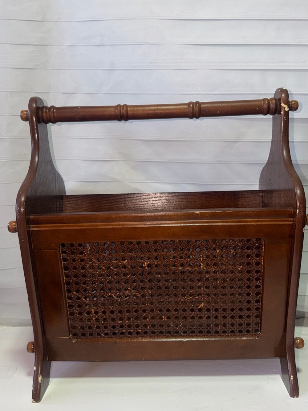 Mid century look  magazine newspaper rack in wood with rattan webbing cannage